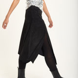 Black Faux Suede Asymmetric Midi Skirt