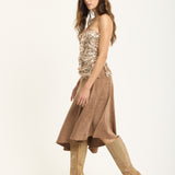 Camel Faux Suede Asymmetric Midi Skirt