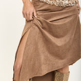 Camel Faux Suede Asymmetric Midi Skirt