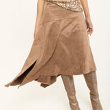 Camel Faux Suede Asymmetric Midi Skirt