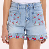 Cherry Embroidery Denim Shorts