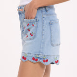 Cherry Embroidery Denim Shorts
