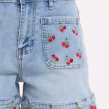 Cherry Embroidery Denim Shorts