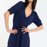 Navy Button Front Tie Waist Dress