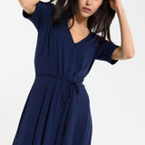 Navy Button Front Tie Waist Dress