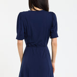 Navy Button Front Tie Waist Dress