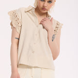 Beige Lace Trim Sleeveless Shirt