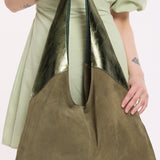 Olive Suede Metallic Paneled Hobo Bag