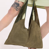Olive Suede Metallic Paneled Hobo Bag
