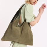 Olive Suede Metallic Paneled Hobo Bag