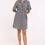 Gingham Embroidered Mini Shirt Dress