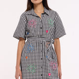 Gingham Embroidered Mini Shirt Dress