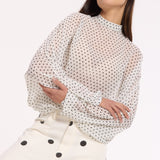 White Sheer Polka Dot Tie-Back Blouse