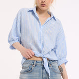 Blue Striped Cotton Tie Front Shirt
