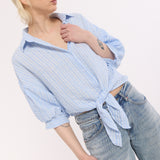 Blue Striped Cotton Tie Front Shirt