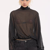 Black Sheer Polka Dot Tie-Back Blouse