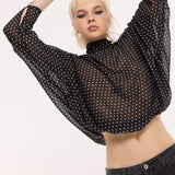Black Sheer Polka Dot Tie-Back Blouse