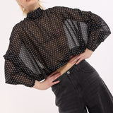 Black Sheer Polka Dot Tie-Back Blouse