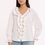 Embroidered Floral Frill Cotton Shirt
