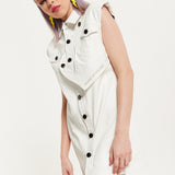 House of Holland Off-White Rocker Faux Leather Twist Button-Down Dress