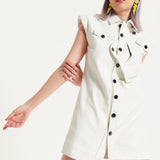 House of Holland Off-White Rocker Faux Leather Twist Button-Down Dress
