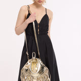 Gold Metallic Fringe Bucket Bag