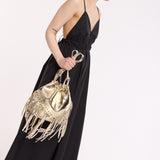 Gold Metallic Fringe Bucket Bag