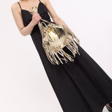 Gold Metallic Fringe Bucket Bag