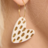 Gold Dotted Cream Heart Hoop Earrings
