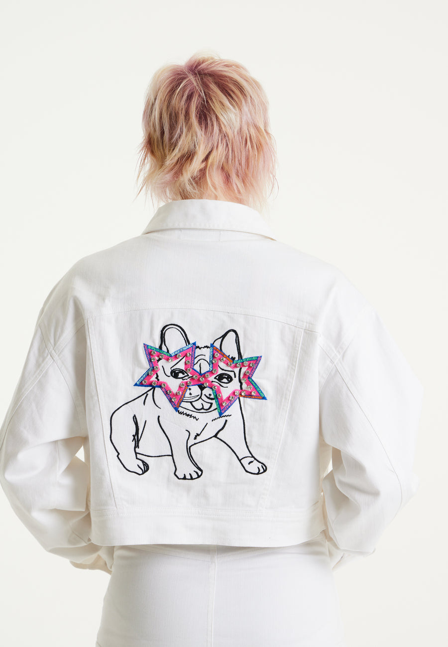 House Of Holland Bulldog Embroidered White Denim Jacket