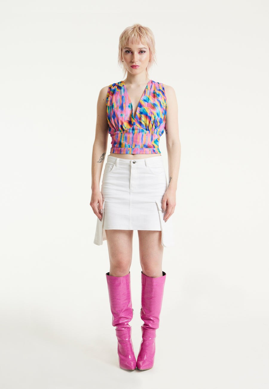 House of Holland Pink Top With Multicolour Rainbow Print