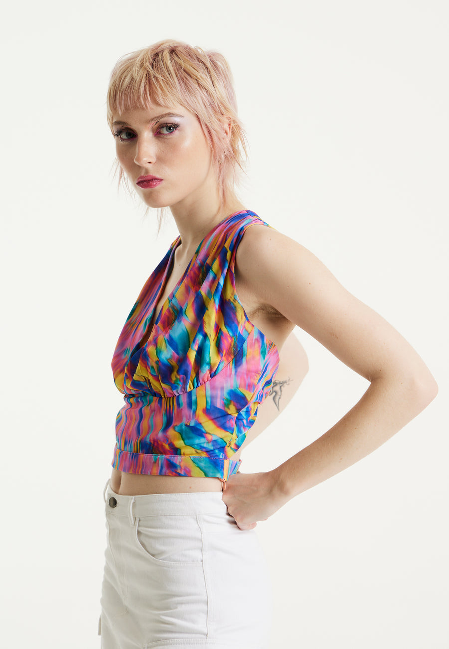 House of Holland Pink Top With Multicolour Rainbow Print