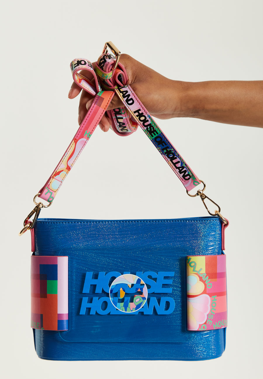 House Of Holland Blue Crossbody Bag With Logo Printed Acrylic Front