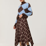 Brown Check Hanky Hem Midi Skirt