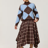 Brown Check Hanky Hem Midi Skirt