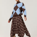 Brown Check Hanky Hem Midi Skirt
