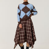 Brown Check Hanky Hem Midi Skirt