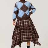 Brown Check Hanky Hem Midi Skirt