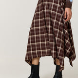Brown Check Hanky Hem Midi Skirt