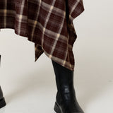 Brown Check Hanky Hem Midi Skirt