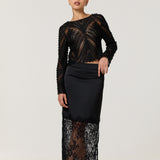 Black Satin Lace Panel Midi Skirt