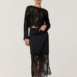 Black Satin Lace Panel Midi Skirt