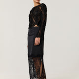 Black Satin Lace Panel Midi Skirt