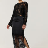 Black Satin Lace Panel Midi Skirt