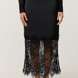 Black Satin Lace Panel Midi Skirt