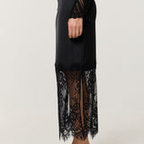 Black Satin Lace Panel Midi Skirt