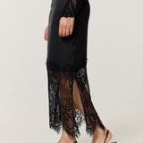 Black Satin Lace Panel Midi Skirt