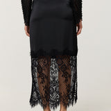 Black Satin Lace Panel Midi Skirt