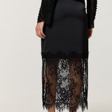 Black Satin Lace Panel Midi Skirt
