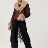 Brown Faux Fur Trim Biker Jacket